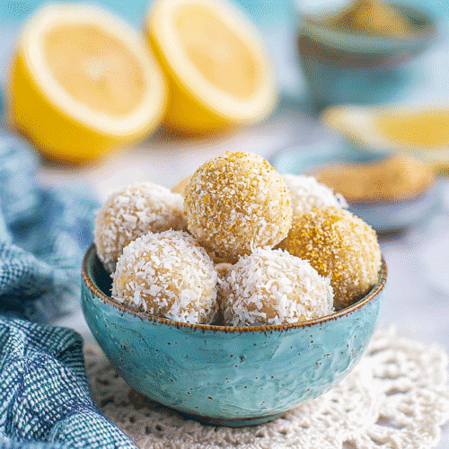 Lemon coconut energy balls in turquoise bowl with fresh lemon halves in background