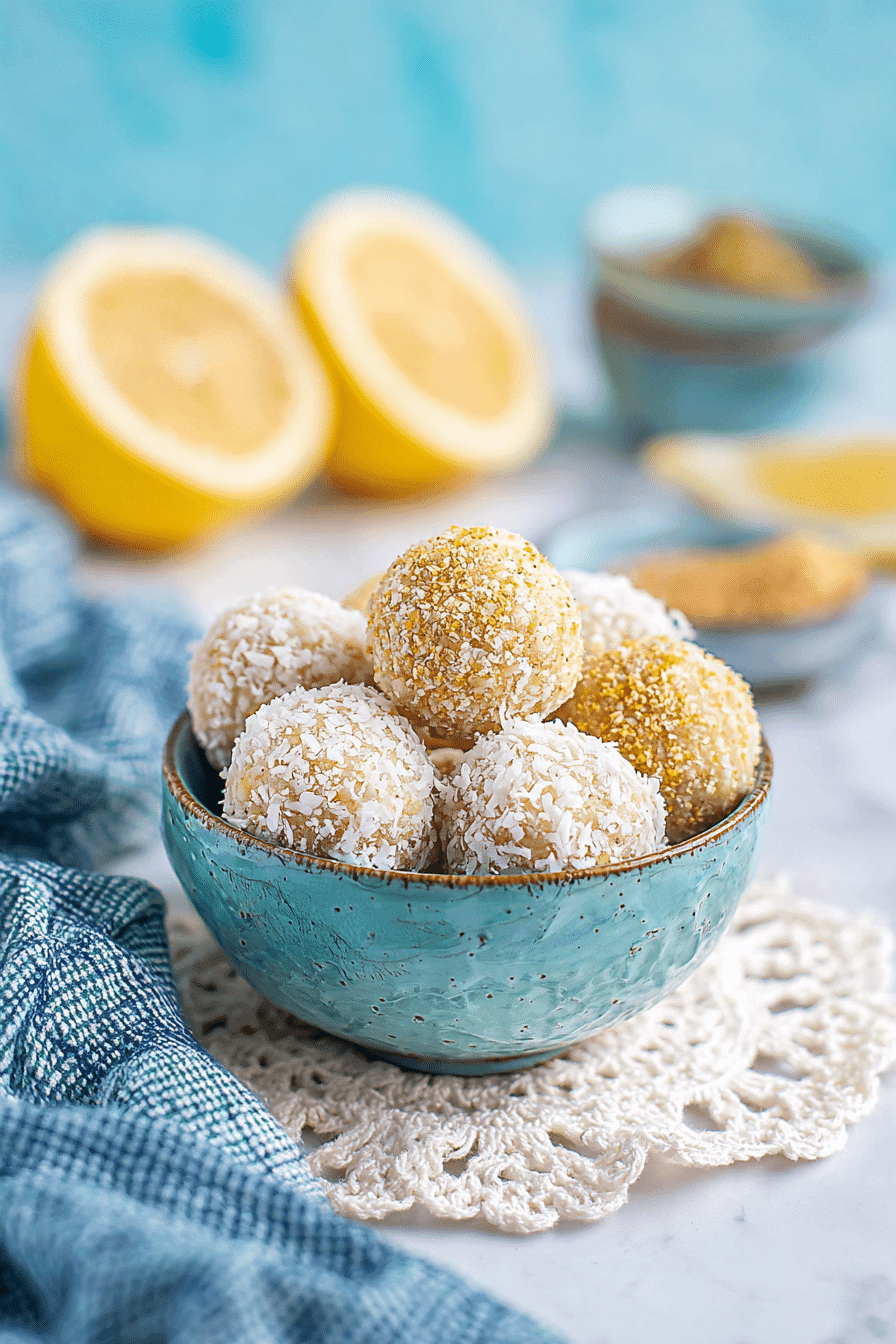 Lemon coconut energy balls in turquoise bowl with fresh lemon halves in background