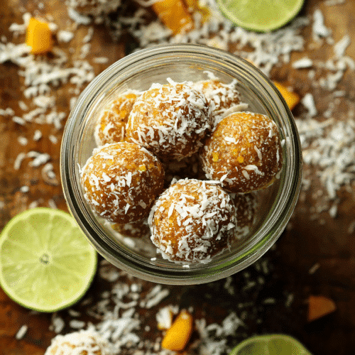 Mango coconut energy balls in a glass jar with lime slices and mango chunks on a wooden background