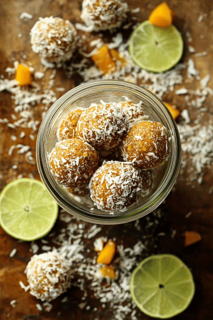 Mango coconut energy balls in a glass jar with lime slices and mango chunks on a wooden background