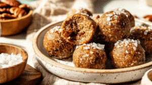 Maple pecan energy balls sprinkled with sea salt on a ceramic tray