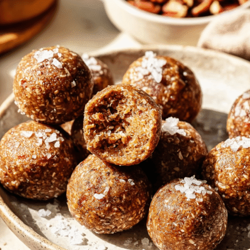 Maple pecan energy balls with sea salt on a ceramic plate in natural sunlight