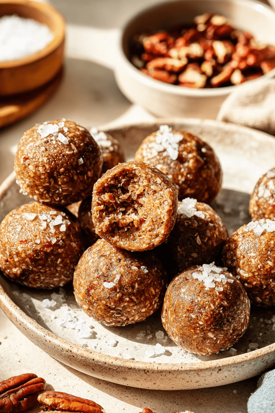 Maple pecan energy balls with sea salt on a ceramic plate in natural sunlight