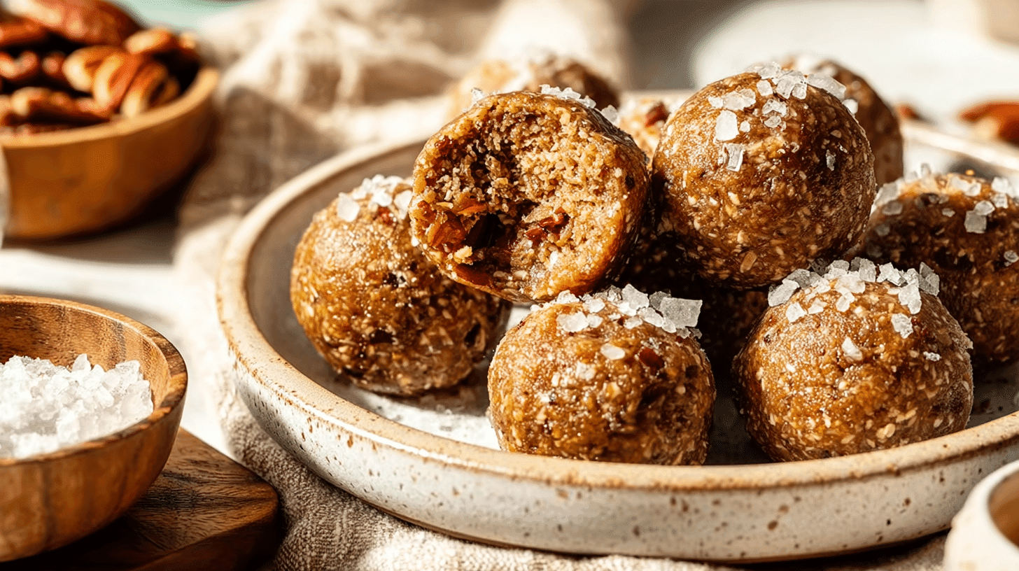Maple pecan energy balls sprinkled with sea salt on a ceramic tray