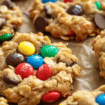 monster no bake cookies with M&Ms and oats on parchment paper