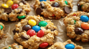 monster no bake cookies with M&Ms and oats on parchment paper