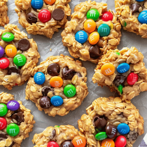 Overhead shot of colorful monster no bake cookies with oats, M&Ms, and chocolate chips on parchment paper