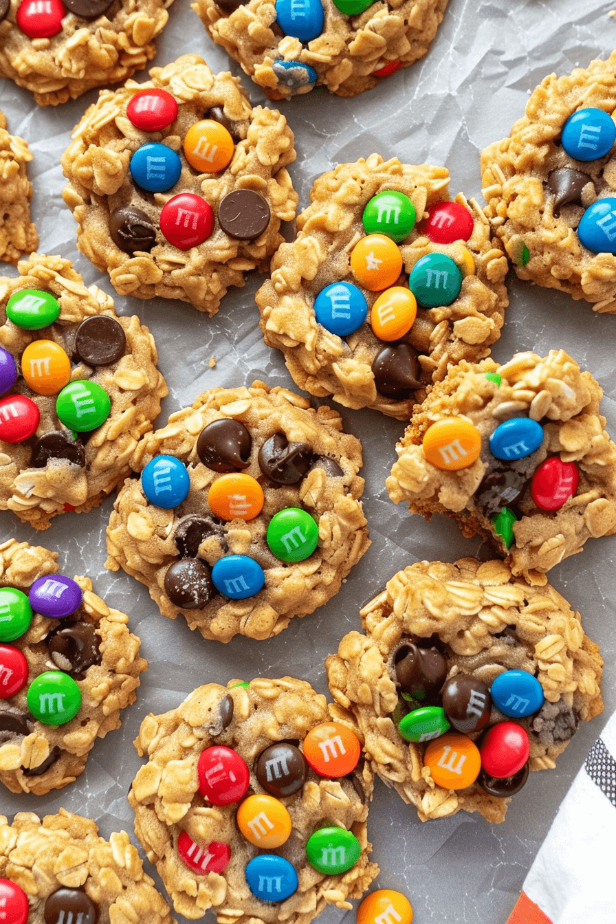 Overhead shot of colorful monster no bake cookies with oats, M&Ms, and chocolate chips on parchment paper