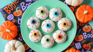 no bake cookies with candy eyes on a green plate surrounded by pumpkins