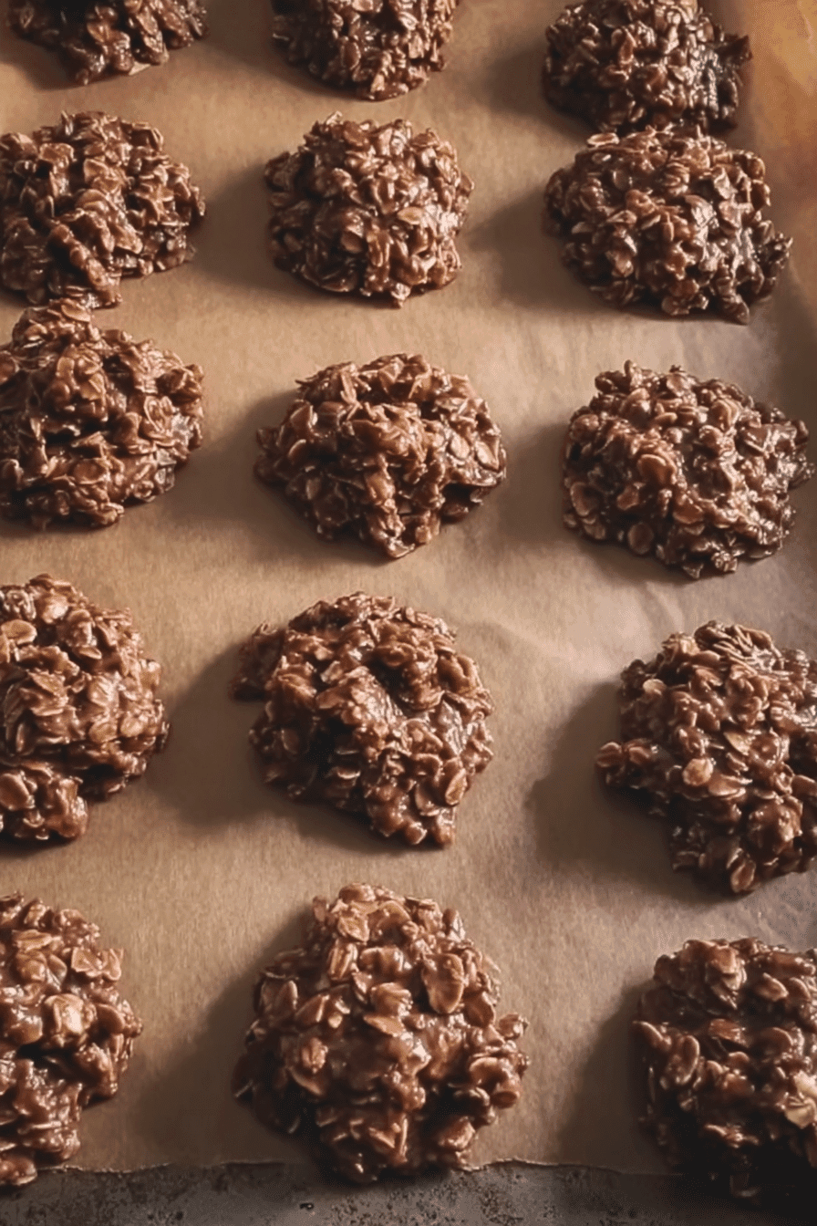Nut-free chocolate oat no bake cookies arranged on parchment paper, perfect for school snacks.