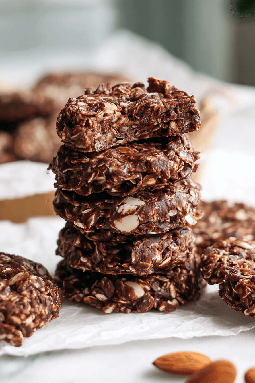 Stack of paleo no-bake chocolate cookies with almonds, showing a bitten cookie on top.