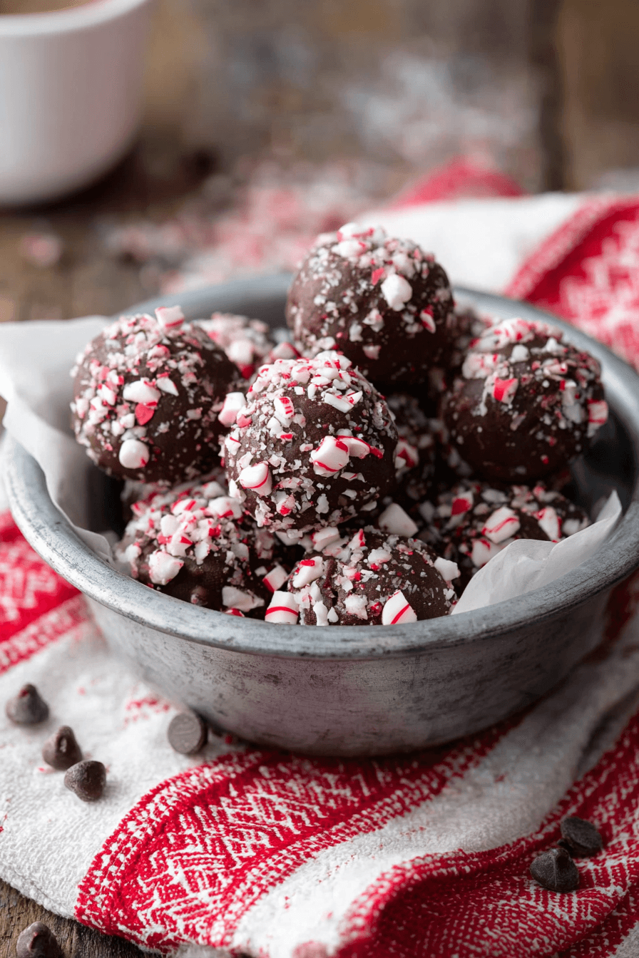 Peppermint mocha truffles rolled in crushed candy canes served in a rustic holiday bowl
