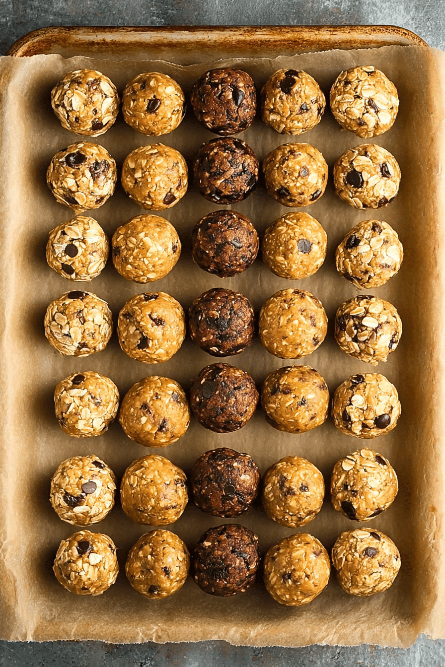 Post-workout protein balls with oats, peanut butter, and chocolate chips arranged on a baking tray