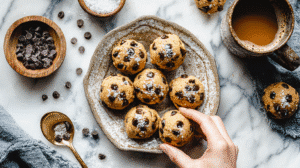 Protein-packed cookie bites with chocolate chips and sea salt on ceramic platter with coffee