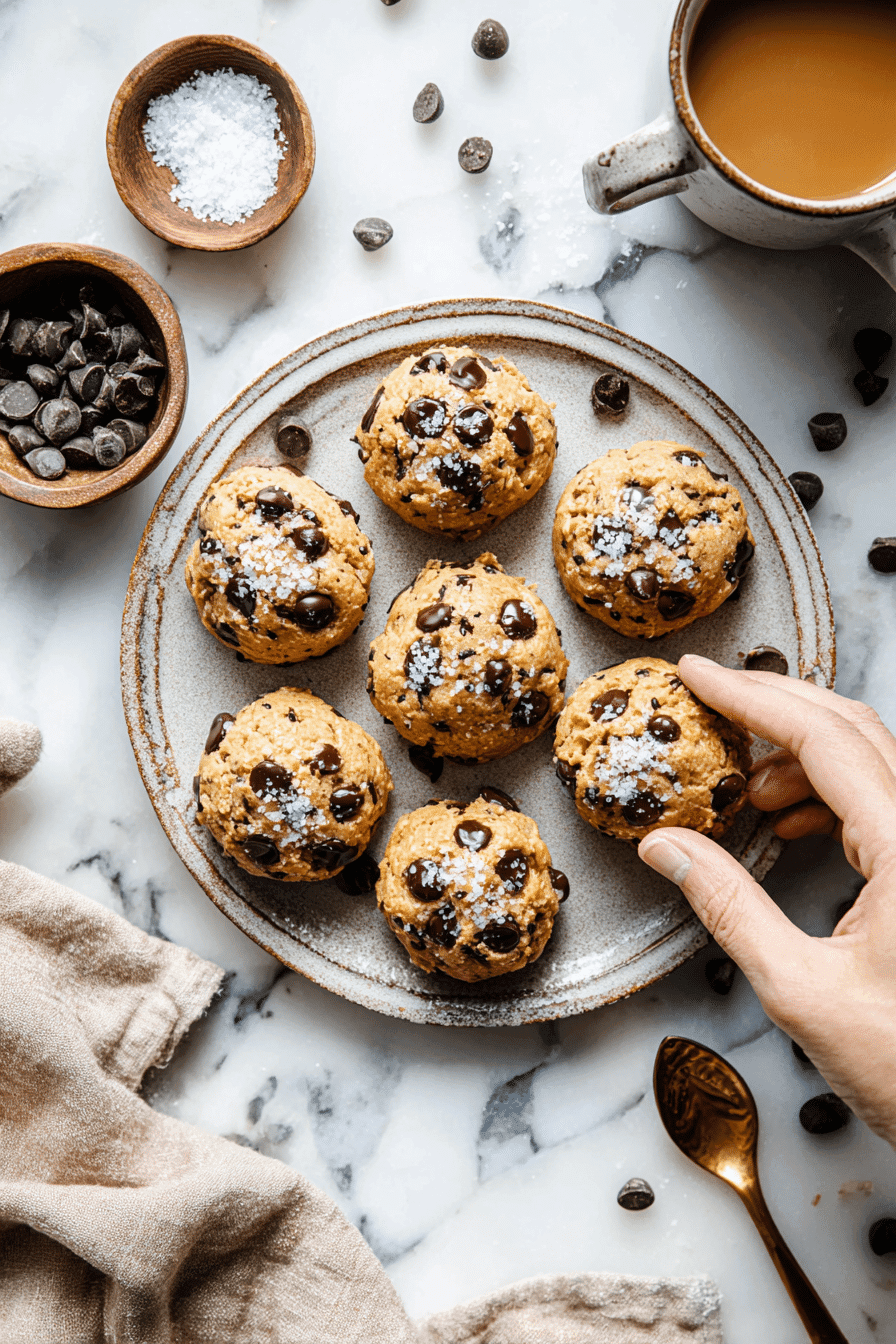 Protein-packed cookie bites with chocolate chips and sea salt on ceramic plate with coffee