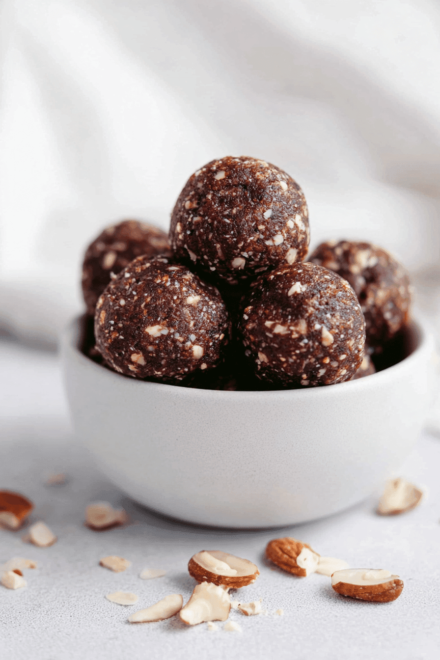 Raw vegan energy balls with nuts in a white bowl on light surface