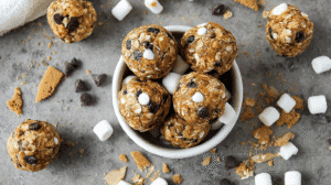 S’mores no bake bites made with oats, chocolate chips, and mini marshmallows