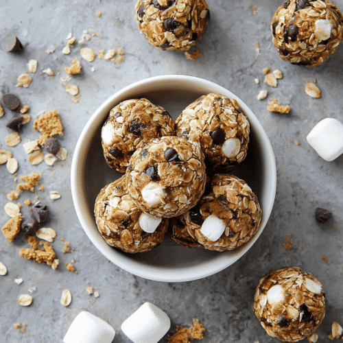 S’mores no bake bites in a bowl with marshmallows, chocolate chips, and graham crackers