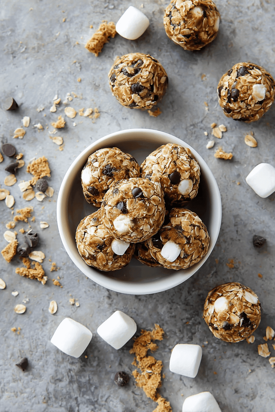 S’mores no bake bites in a bowl with marshmallows, chocolate chips, and graham crackers