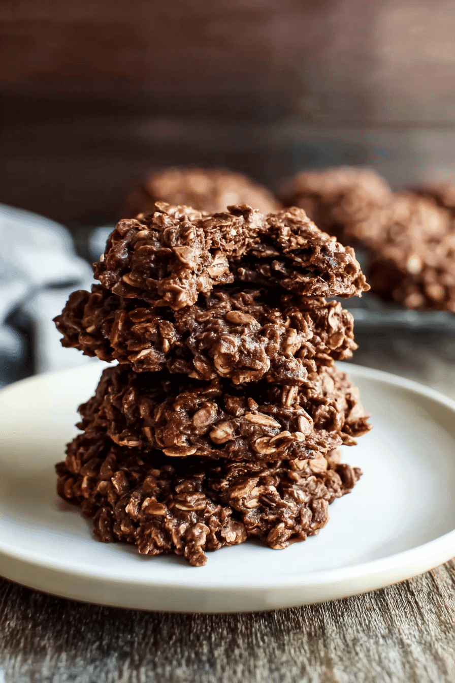 Stack of dairy-free no-bake chocolate oatmeal cookies with a bitten top cookie on a plate.