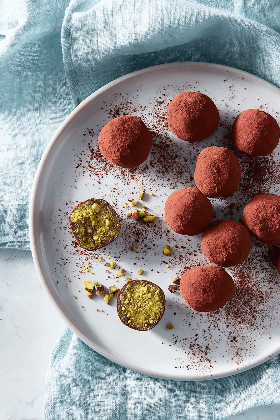 Superfood energy balls coated in cocoa powder with pistachio filling on a plate