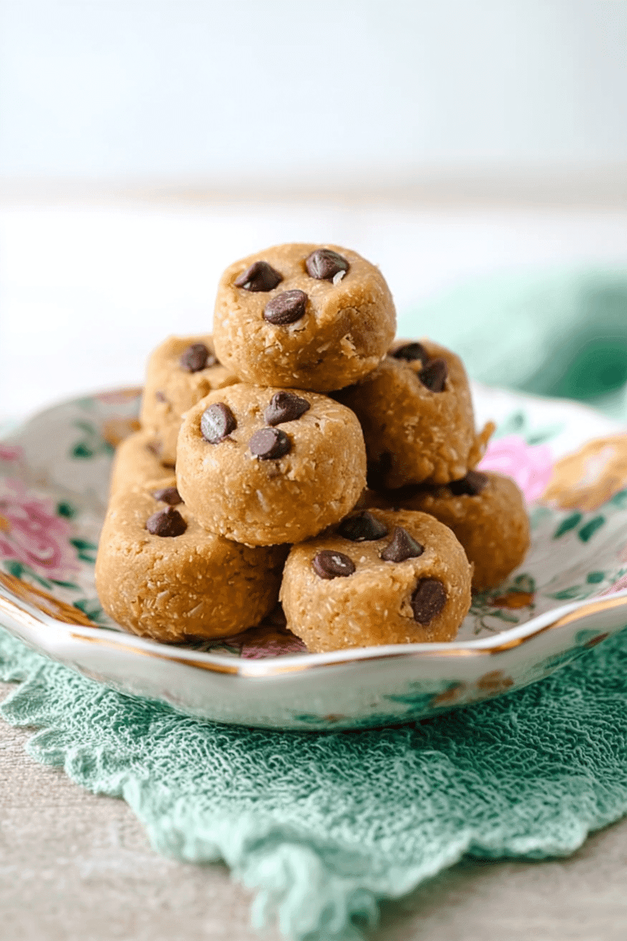 Toddler-friendly no bake cookie bites with chocolate chips stacked on a floral plate