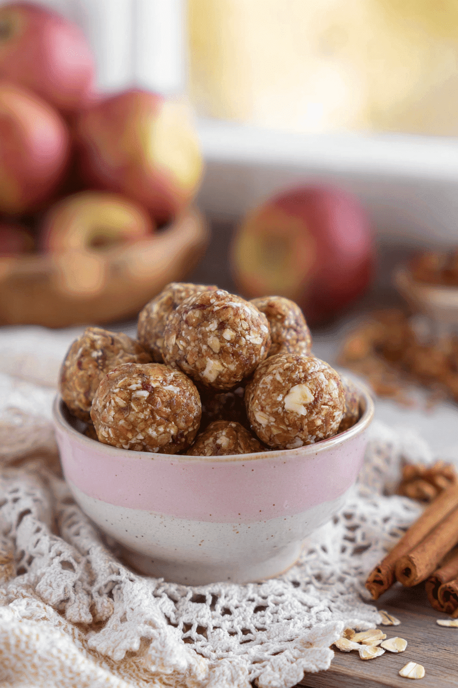 Homemade apple pie energy bites made with oats, dates, and walnuts in a pink ceramic bowl by the window
