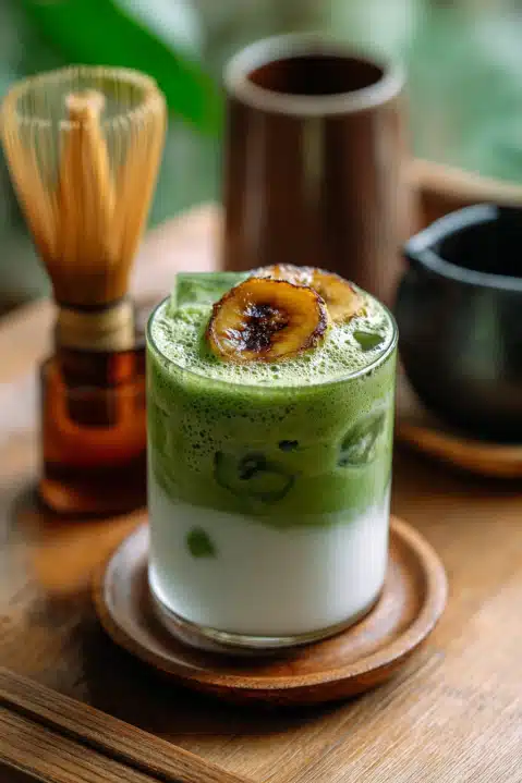 banana-matcha-latte-artisan Artisan iced banana matcha latte topped with caramelized banana slices on wooden tray