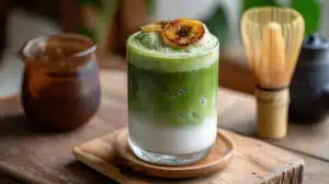 Iced banana matcha latte topped with caramelized banana slice on wooden table