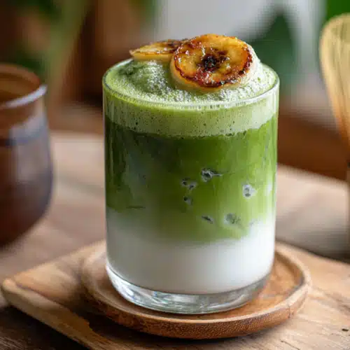 Banana Matcha Latte: A Refreshing Blend of Banana & Green Tea 1 Iced banana matcha latte topped with caramelized banana slice on wooden table