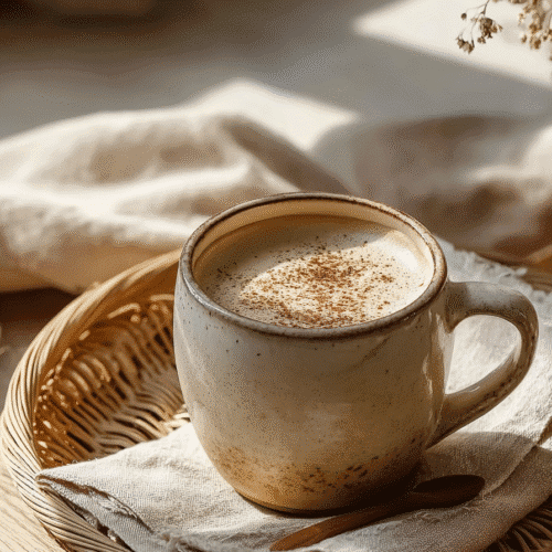 Cozy cinnamon latte in a handmade ceramic mug with warm sunlight and natural textures.
