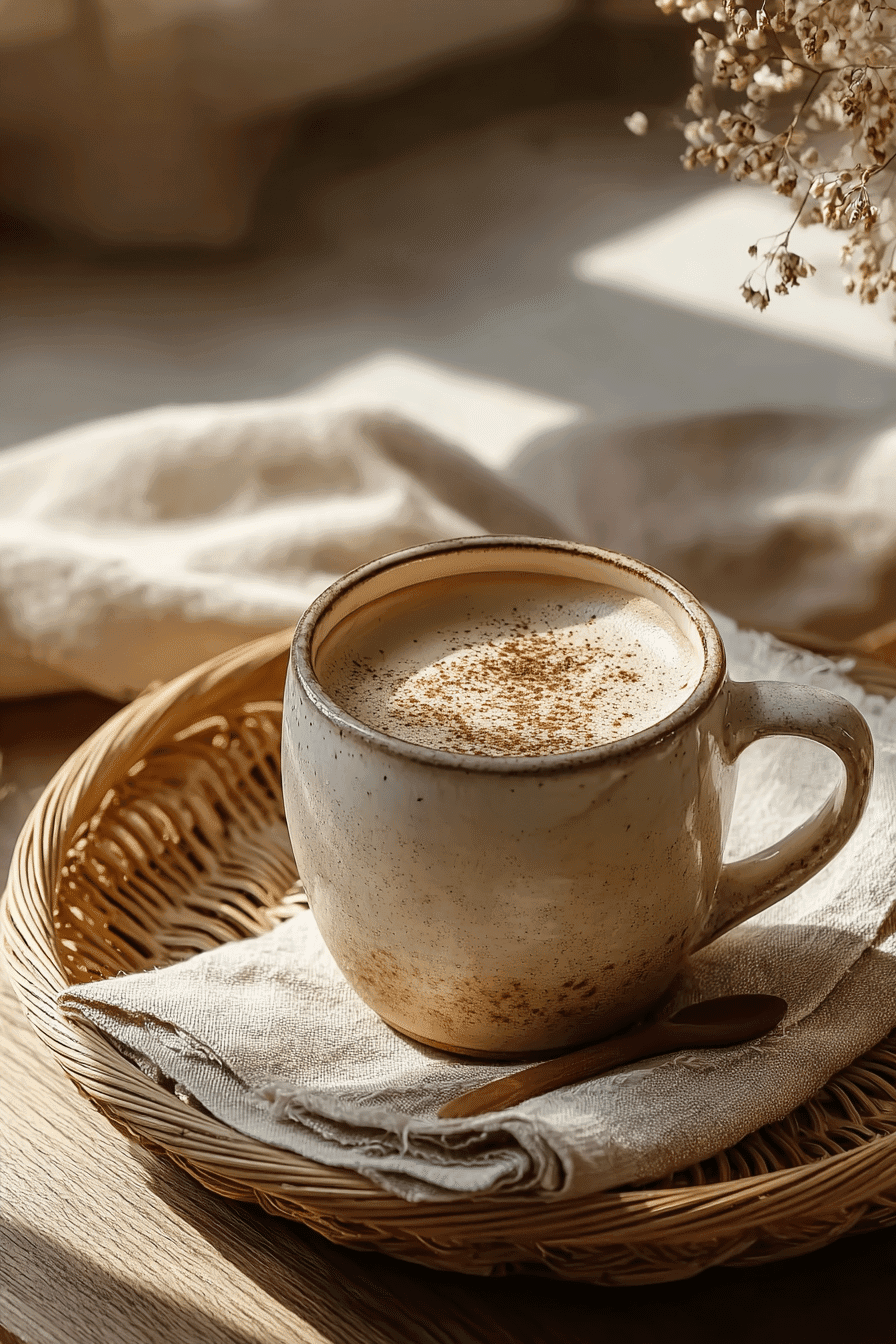 Cozy cinnamon latte in a handmade ceramic mug with warm sunlight and natural textures.