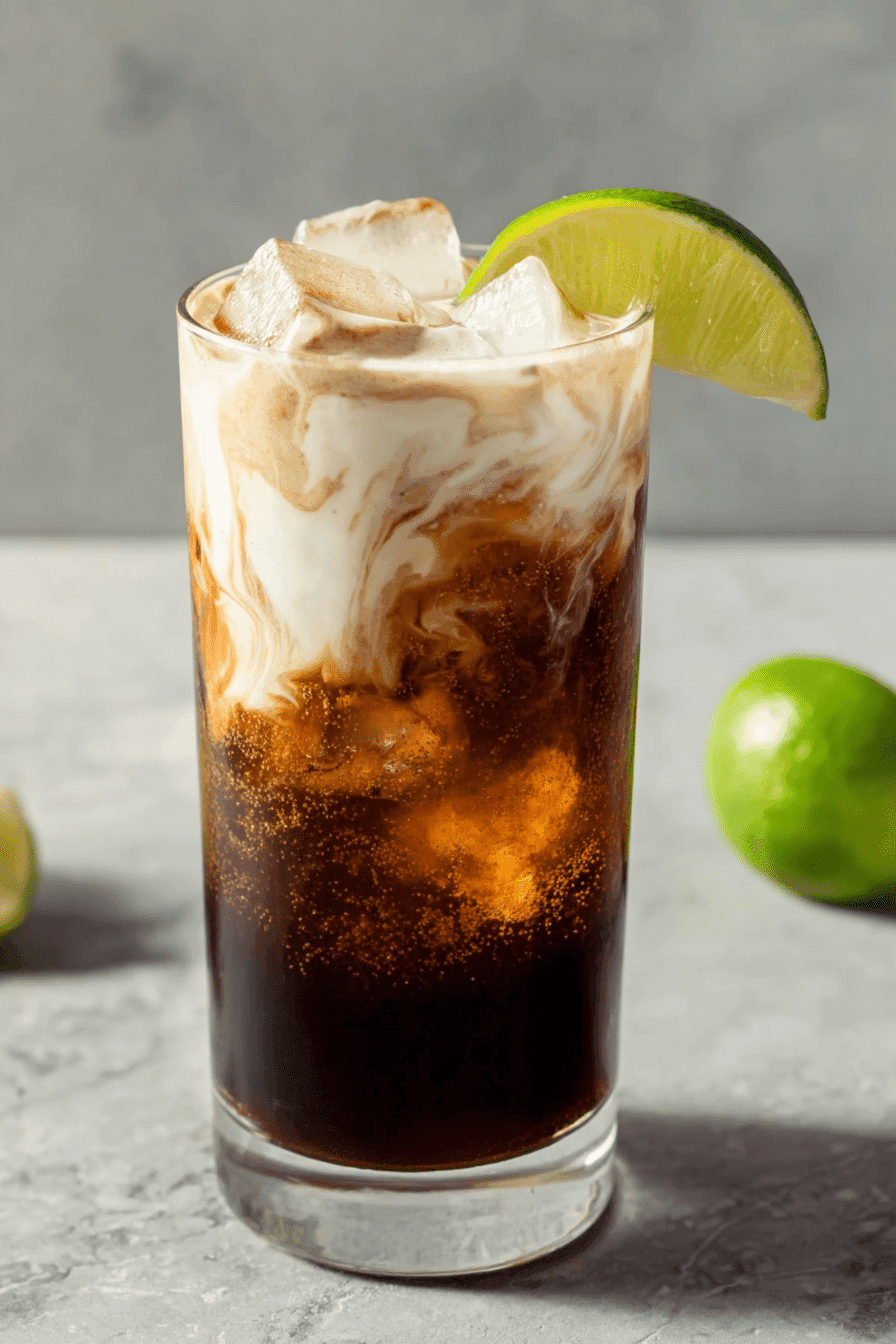 Dirty protein soda mocktail with protein swirl, ice cubes, and lime garnish