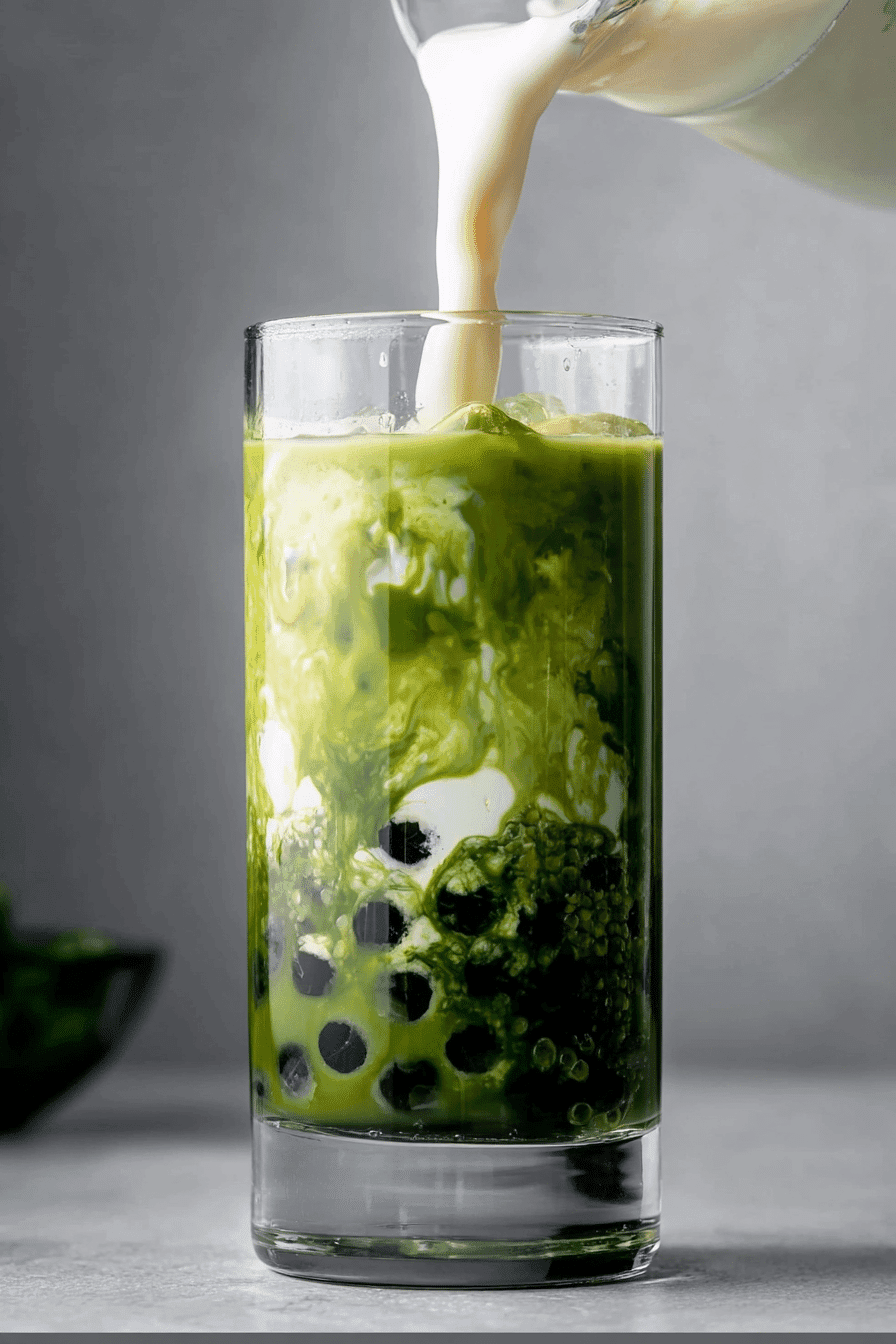 Creamy milk swirling into iced matcha tea with tapioca pearls in a clear glass.