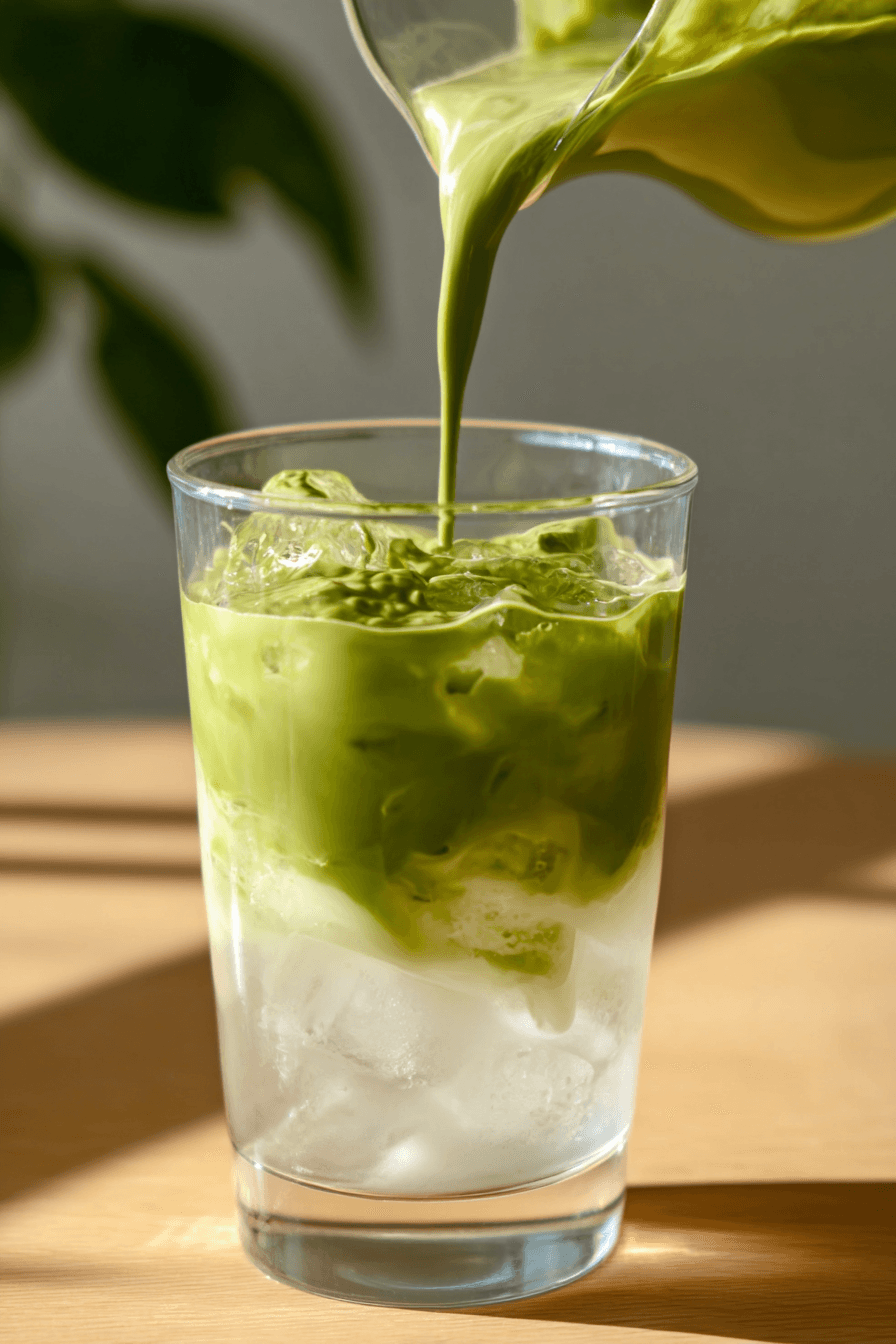 Whipped matcha being poured over iced coconut water in a glass on a wooden table.
