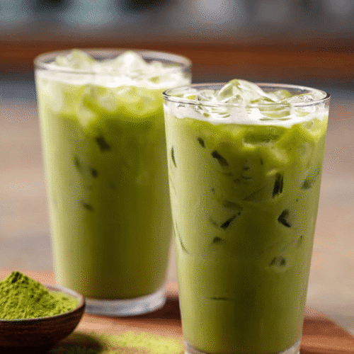 Iced protein matcha latte in tall glasses with ice and wooden bowl of matcha powder