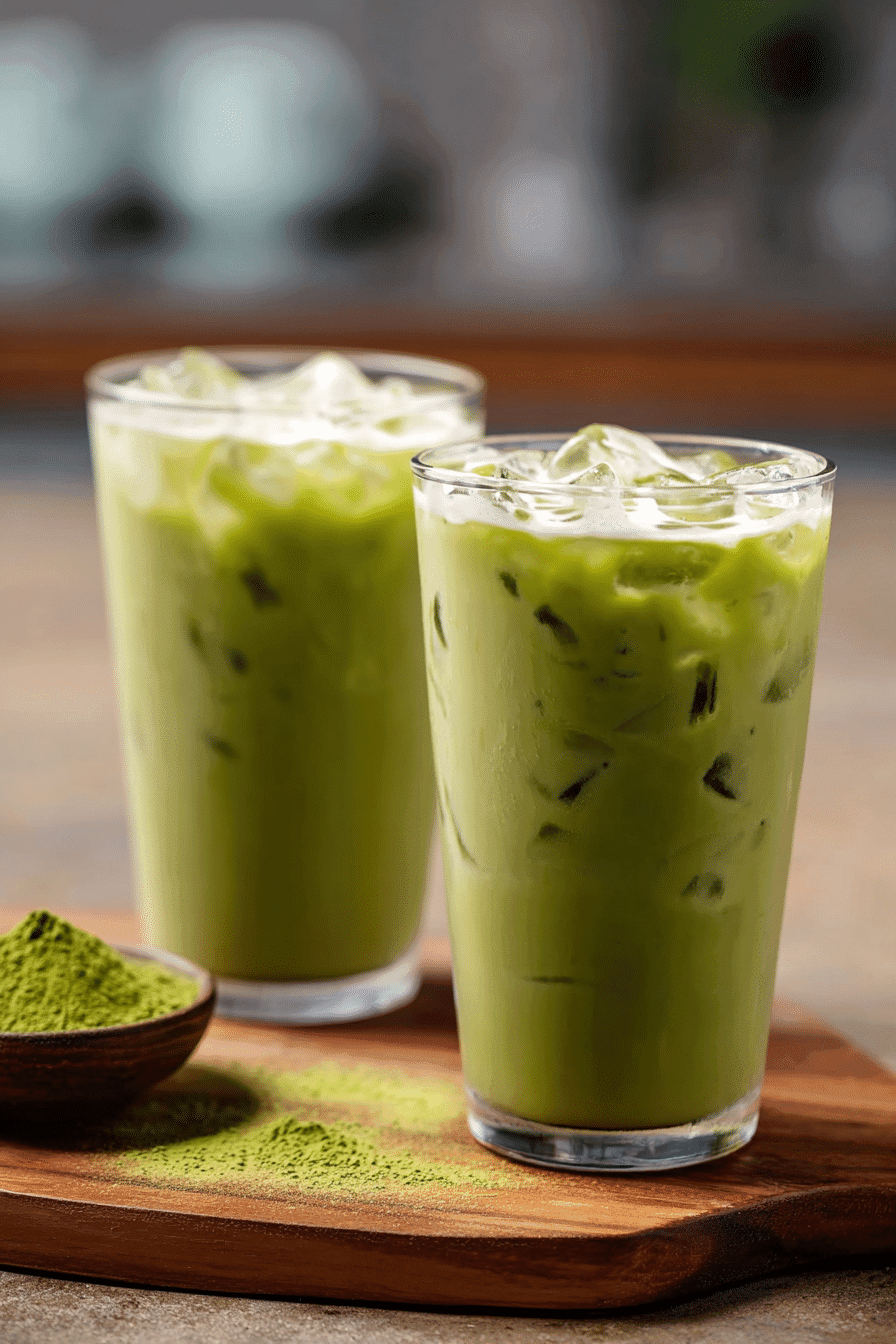 Iced protein matcha latte in tall glasses with ice and wooden bowl of matcha powder