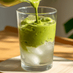 A glass of iced coconut water topped with whipped matcha being poured in, creating green swirls over a clear base.