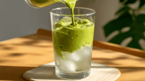 A glass of iced coconut water topped with whipped matcha being poured in, creating green swirls over a clear base.