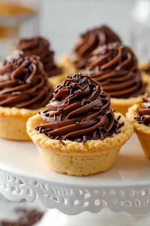 mini-cookie-cups-chocolate-frosting Mini cookie cups topped with swirls of chocolate frosting and sprinkles on a white cake stand