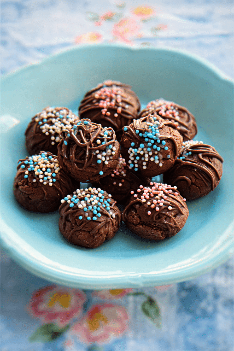 No bake chocolate cookies topped with colorful sprinkles in a pastel blue bowl