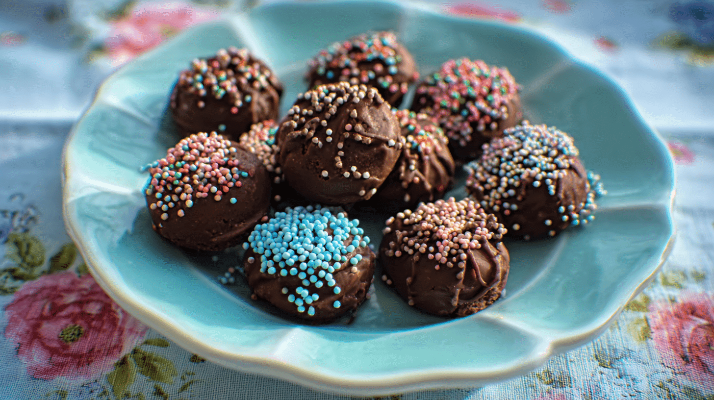 No Bake Cookies Kids Can Make Themselves decorated with chocolate swirls and colorful sprinkles on a plate