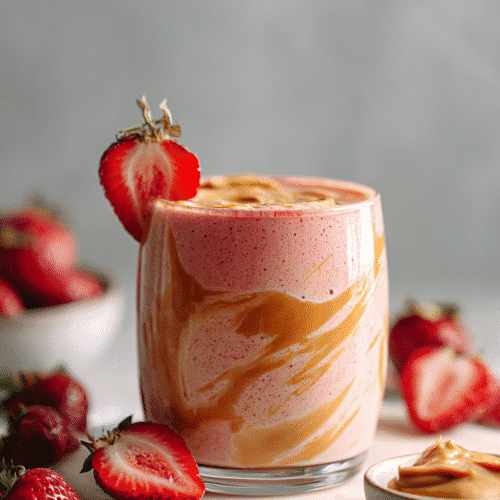 Peanut butter fruit smoothie with strawberry garnish and peanut butter swirl in glass