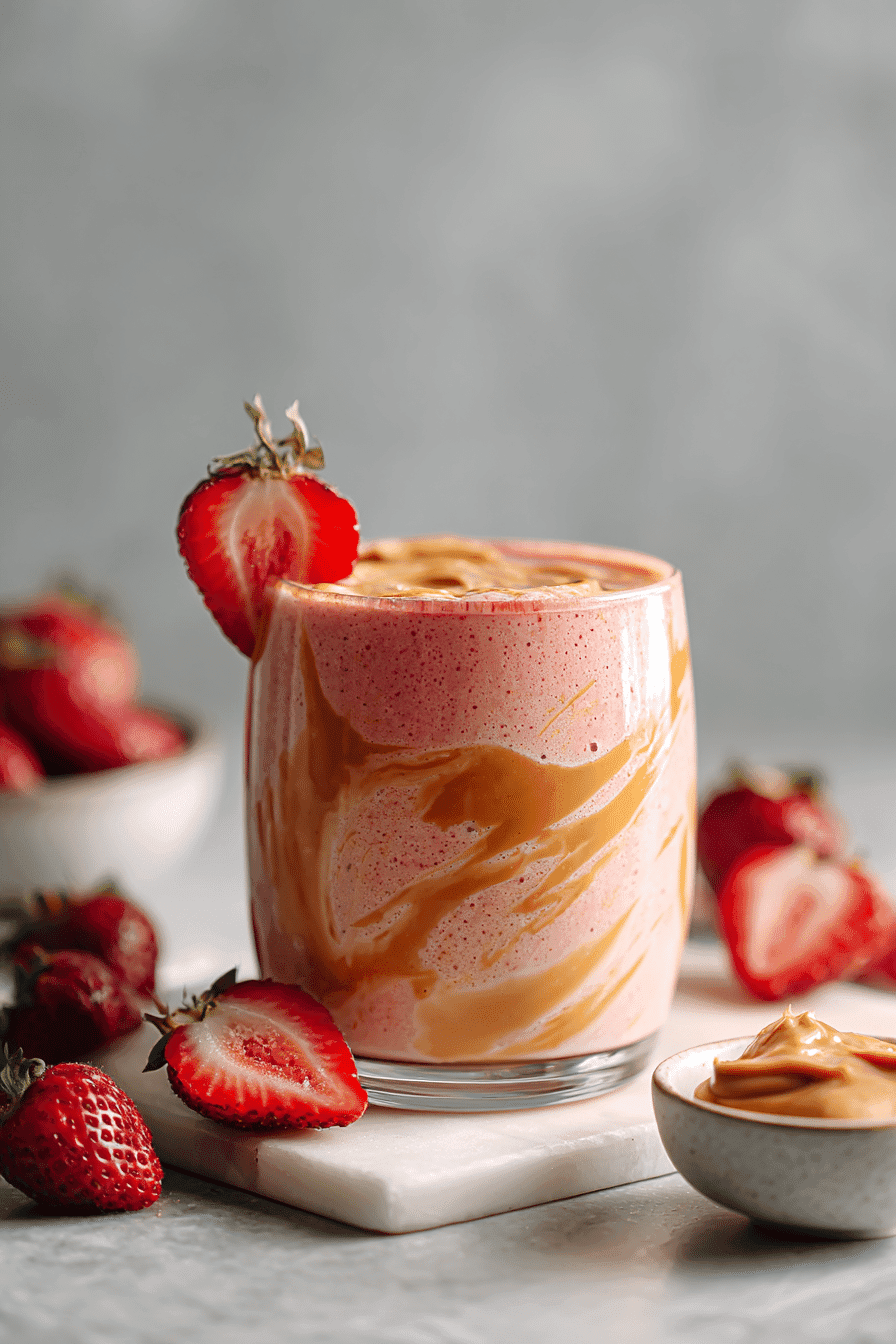 Peanut butter fruit smoothie with strawberry garnish and peanut butter swirl in glass