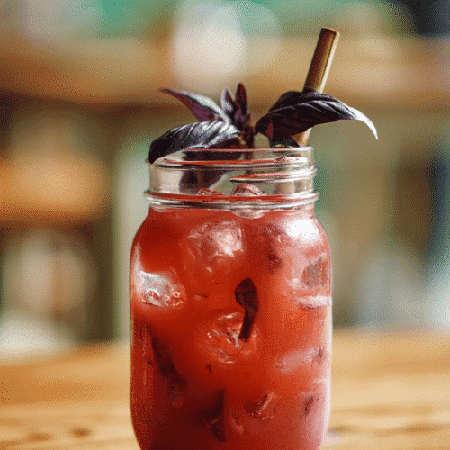 Strawberry mango agua fresca in mason jar with basil garnish and brass straw on wooden table