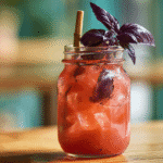 Strawberry mango agua fresca in a mason jar with purple basil garnish and bamboo straw on wooden table