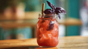 Strawberry mango agua fresca in a mason jar with purple basil garnish and bamboo straw on wooden table