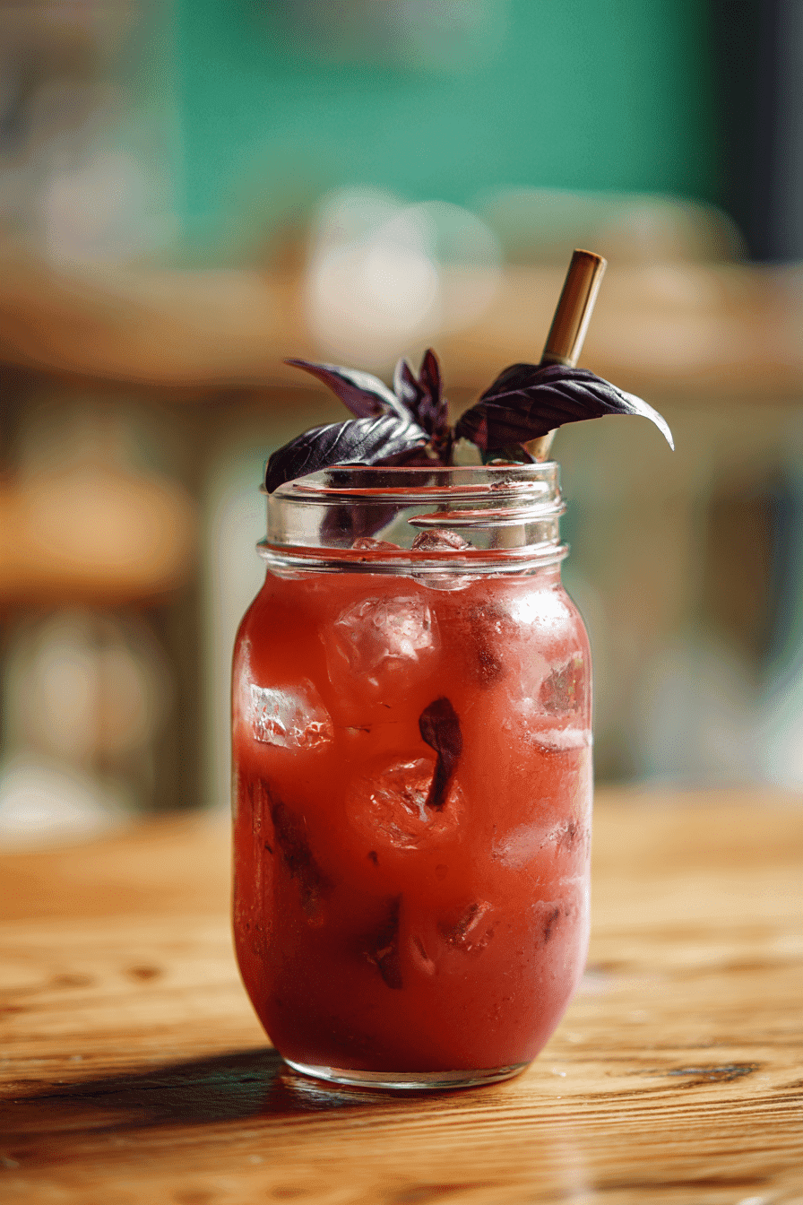 Strawberry mango agua fresca in mason jar with basil garnish and brass straw on wooden table