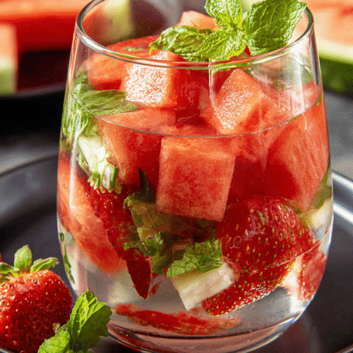 Watermelon strawberry mint fruit-infused water in a glass with fresh garnish