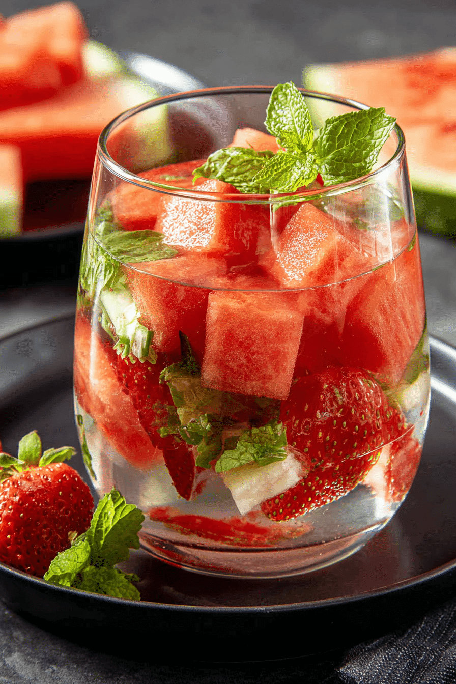 Watermelon strawberry mint fruit-infused water in a glass with fresh garnish